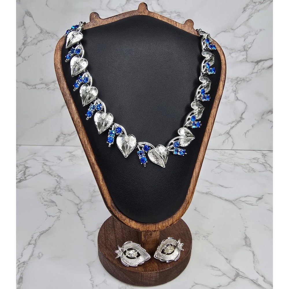 Vintage Charel Blue Rhinestone Leaf Necklace Sarah Coventry Clip Earrings Lot